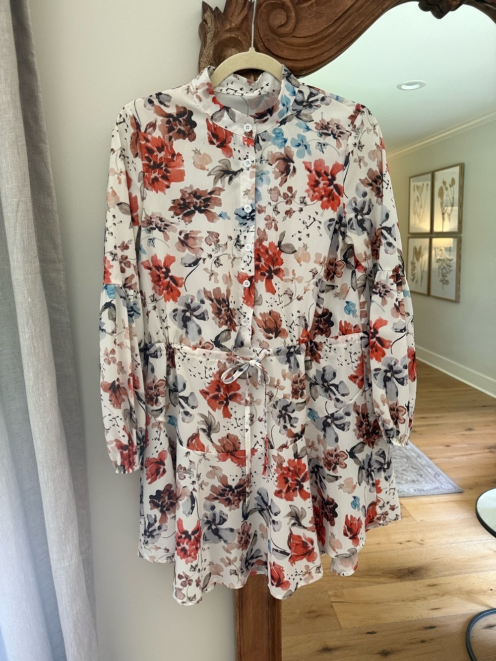 Floral Button-Front Tie-Waist Shirt Dress - Cream with Red & Blue Flowers